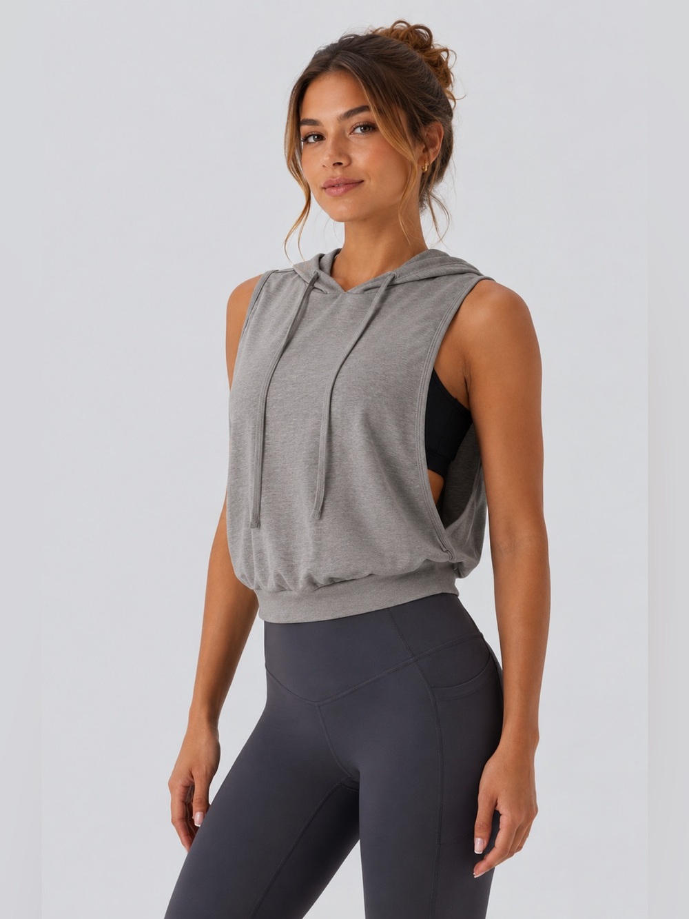 Hooded Drawstring Sleeveless Cropped Running Tank Top Size L